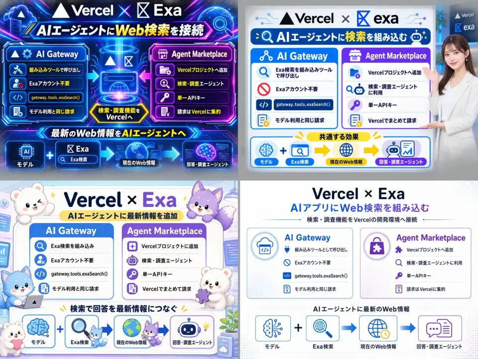 シェアネタの画像スタイル違い。サイバー風、案内役つきホワイトボード、かわいいキャラ、シンプルな図解の4パターン