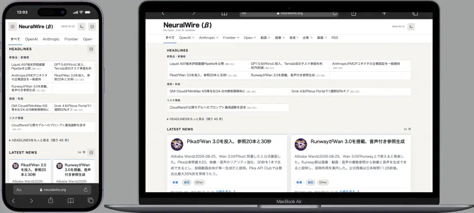 スマホとノートPCで見た NeuralWire の無料ニュース画面。Headlines と Latest News が並ぶ